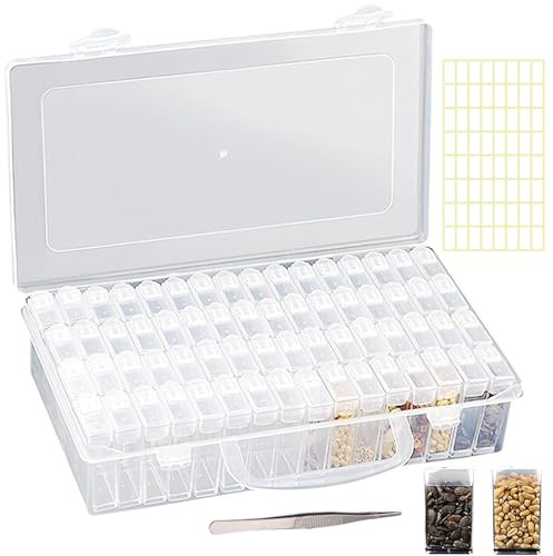 64 Ranuras Cajas Accesorios Pintura Diamantes con Etiquetas y Pinzas, Almacenamiento Bordado Transparente con Rejillas Compartimento para DIY,Uñas,Joyas,Bricolaje,Manualidades,5D Painting,Cross Stitch