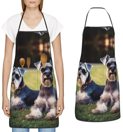 YoupO Kochschürze für Erwachsene mit Schnauzer-Hunden, mit großen Taschen, wasserdichte Arbeitsschürze für Männer und Frauen, Weiss/opulenter Garten, Einheitsgröße
