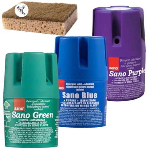 SANO Water Toilet Bowl Cleaner Long Lasting Air Freshener WC Tablet - Cleans, Perfumes, Hygienic, Leaves Water Sparkling Blue, Up to 900 Flushes - 3x150g Blue+Green+Purple + Cleaning Sponge