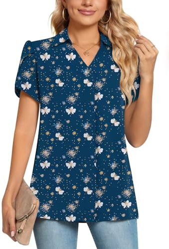 POPYOUNG Ladies Tops Chiffon Blouse Business Tunic Petal Short Sleeve Office Shirts for Work L, Blue Butterfly