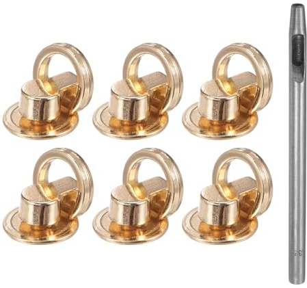 sourcing map 6pcs Metal Studs Rivets 12mm D-Ring Button Rivets with 3.5mm Leather Hole Punch for Leather Craft, Gold Tone