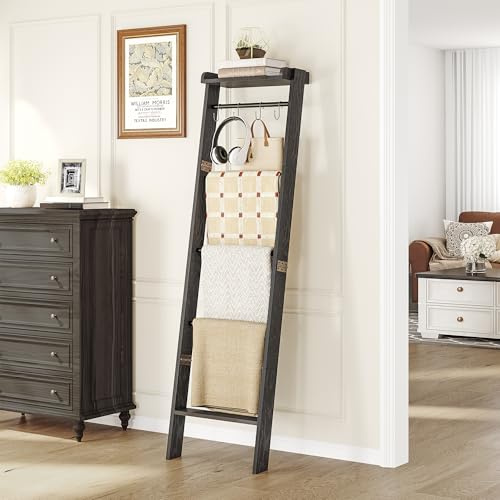 Hzuaneri Scaffale a scaletta per coperte, decorativo, a 6 ripiani, con 4 ganci rimovibili, 20 x 43,9 x 161 cm, nero, BR35804B