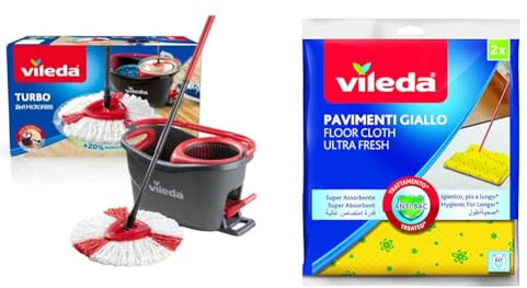 Vileda Turbo Microfibre Mop and Bucket Set, Spin Mop for Cleaning Floors, Set of 1x Mop and 1x Bucket,Grey/Red,48.5 x 27.5 x 28 cm & Microfibre Floor Cloth Set of 2 Yellow