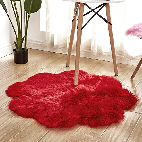 YUGWNN Rot Fellteppich Kunstfell Teppich Bettvorleger Fell,Schafsfell Fell füR StüHle,BlüTendurchmesser 90cm/35,4in