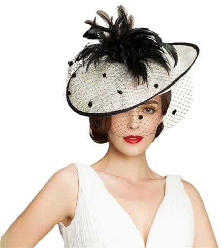 Damenhut, Sommerhut, Fascinator, Hochzeit, mit Schleier, Feder, groß, Leinen, Fedoras, schwarz / weiß, 56/58 cm/M