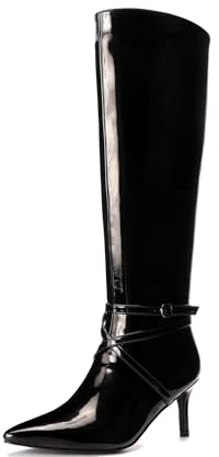 feetquake Womens Knee High Boots Stiletto Heel Side Zipper Strappy Long Riding Boots Sexy Dress Comfortable Black Patent Knee High Boots for Women 9.5M
