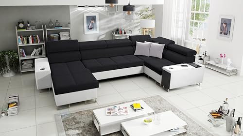 All4All Ecksofa mit Schlaffunktion Margo IV Maxi 360x207 cm - Schlafsofa mit Bettkasten - Wohnlandschaft in U-Form - XXL Sofa - Seite Links - Gewebe mit Kunstleder - Schwarz/Weiß - Modern 26