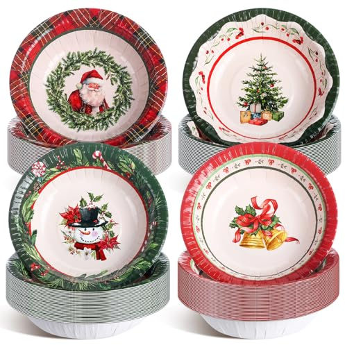 Pasimy 100 Pcs Christmas Paper Bowls Bulk 12 oz Merry Christmas Disposable Bowls Red and Green Plaid Serving Bowls Snowman Santa Claus Snack Soup Dessert Food Tablewares for Xmas Party Favors Supplies