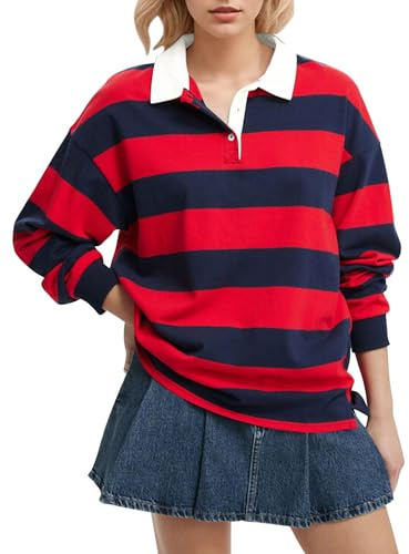 Lenader Dam långärmad randig polotröja överdimensionerad krage Y2k pullover t-shirt ledig lös streetwear rugbytröja, Röd-blå, M