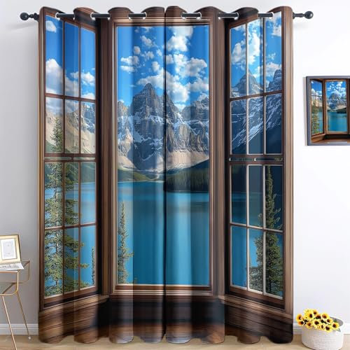 Blickdichte Vorhänge Holzrahmen, Fenster, Berge Gardinen mit Ösen für Braun Muster Gardinen mit Ösen Thermovorhang für H183 x B117 cm (2er Pack)