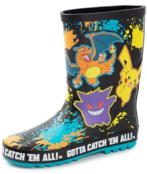 Pokemon Boys Wellington-stövlar | barnstövlar med Pikachu, Gengar & Charizard karaktär tryck i svart | Vattentåliga gummistövlar med färgstänk | klassisk TV-serie varor gåva