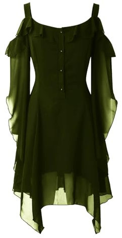 Karneval Abiballkleider für Damen Chiffon Patchwork-Kleid Retro-Stil Solide Trompete Ärmel Langes Kleid Cosplay Boden Vintage Länge Mittelalterliches Kostüm-Outfits Gothic Hexenkleid (Green, XL)