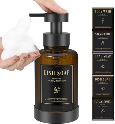 Luxspire Dispenser di Sapone Bagno, Dispenser di Sapone a Pompa in Vetro, Dosatori per Saponetta Schiumoso con 5 Etichette, Distributore Liquido 450ml/15oz per Bagno Cucina, Ambra, 1 PZ