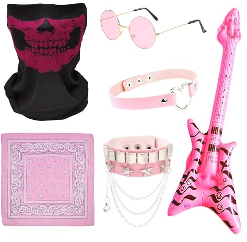 TUONYIS 6 Stück Punk Rockstar Fancy Dress Kostüm,Rosa Rockstar Kostüm,70er 80er 90er Jahre,Rockstar Zubehör mit Sonnenbrille Bandana Armband Maske Aufblasbare Gitarre für Herren Damen Party(Rosa)