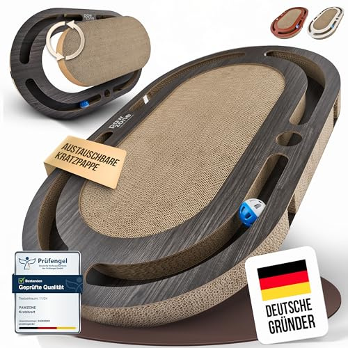 PAWZONE Kratzbrett [72x45 cm] beidseitig nutzbar + Pappe austauschbar [inkl. Katzenspielzeug] hochwertige XXL Kratzpappe in stabilem MDF - Kratzmatte Kratzmöbel Katze Cat Scratcher Katzenzubehör