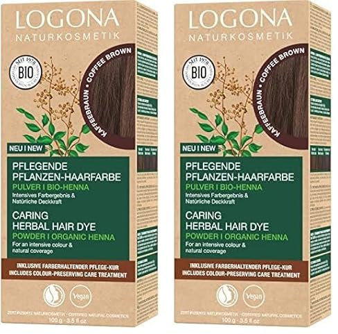 LOGONA Naturkosmetik Pflegende pflanzliche Haarfarbe, Veganes Haarfarbe-Pulver mit Bio-Henna für intensive Farbe und Glanz, Pflanzenhaarfarbe in Kaffeebraun (Braun), 1 x 100g (Packung mit 2)