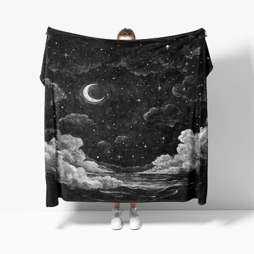 Flauschige Kuscheldecke XL 130x150 cm Nachthimmel Sterne Mond Anti-Fading und Nicht Fallend TV-Decke Weich Warm Wohndecke Schwarz Fleecedecke als Sofadecke Bettüberwurf Geschenkdecke