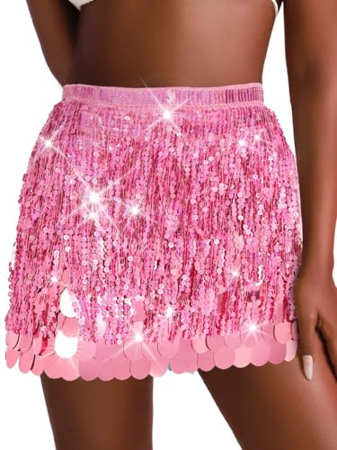 IYOU Rosa Pailletten Tanzrock Glitzernde Kostüm Fransen Bauch Hüft Tuch für Damen