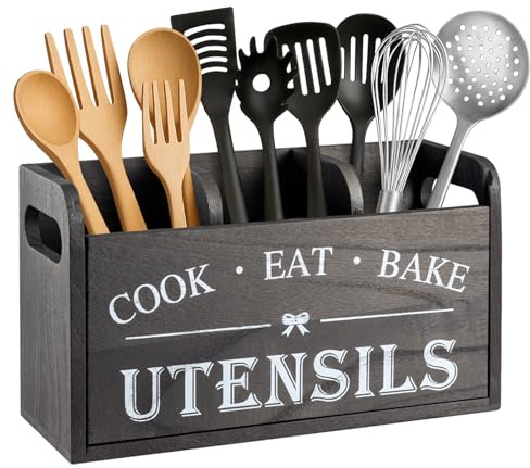 M.J COMFY-LIFE Farmhouse Wooden Utensil Holder - Bamboo Cutlery Organizer with Drainage Holes & Side Handles, Kitchen Countertop Storage for Spoons, Spatulas, and Cooking Tools (11x6) (Black)