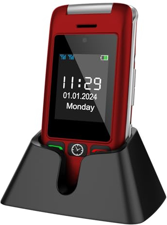 artfone G6 4G Seniorenhandy Klapphandy Ohne Vertrag, SOS Notruftaste, Ladestation, Handy für Senioren, Radio, 2,4 Zoll Zweibildschirm, 1300mAh Akku, Rot