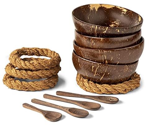 Kopinma Lot de 4 bols en noix de coco avec cuillères et baguettes - Lot de 4 bols en noix de coco + cuillères et supports vacillants pour salade