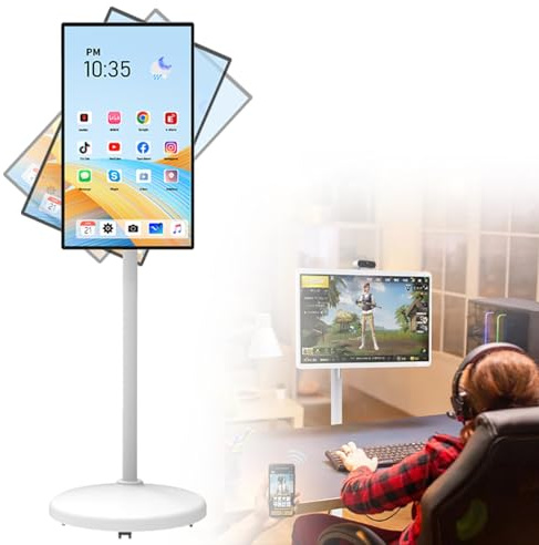 ZyKnaurral 32 Inch Mobile Smart Touch Screen Monitor, FHD Portable TV on wheel, Full Swivel Rotation Wireless TV,10000mAh Battery Operated with 4-5H Life,8MP Camera 24inch-6+64G