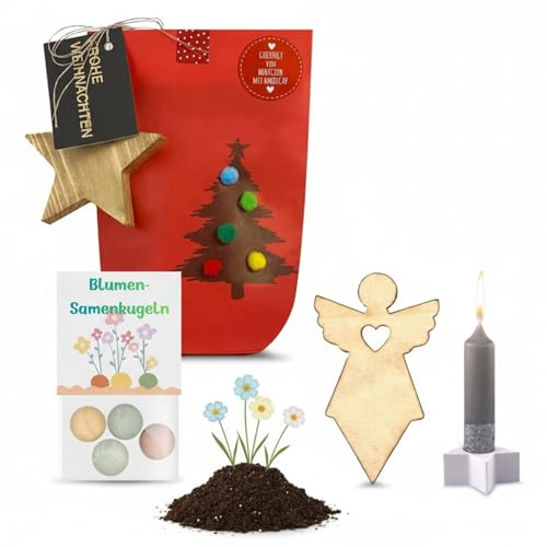 Alluvo Kleines Geschenk zu Weihnachten - Wichtelgeschenk mit Kerze, Kerzenhalter, Holzengel, Karte & Blumen-Samenkugeln – perfektes Mitbringsel für Kollegen, Freunde & Familie - Nikolaus Geschenk