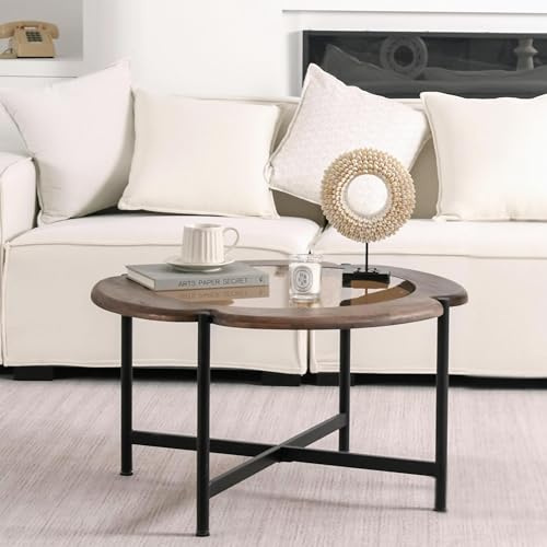 Cagnolier Couchtisch Rund, Wohnzimmertisch Rund in Blumenform, Runder Couchtisch Holz mit Glas und Metallgestell, Coffee Table für Wohnzimmer und Schlafzimmer, Brauner, Ø80 X 45 cm