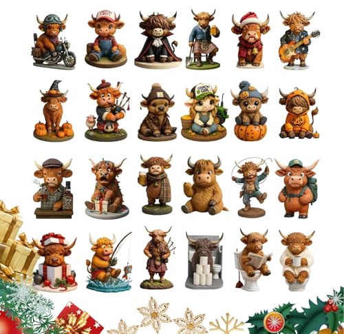 Cows Calendrier De L'avent 2025, 3D Calendrier Noël Ornements Bétail Highland, 24 Jours Décorations D'arbres Noël Mignons Mignons Pour La Maison, La Porte Et Le Sapin
