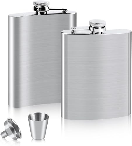 Flachmann Edelstahl 2 PCS, Flachmann Set mit 1 Trichter und 1 Weinbecher Ttragbarer Flachman für Whiskey, Rum, Wodka, Geeignet für Wandern und Party(8 oz. 220ml)-Silber