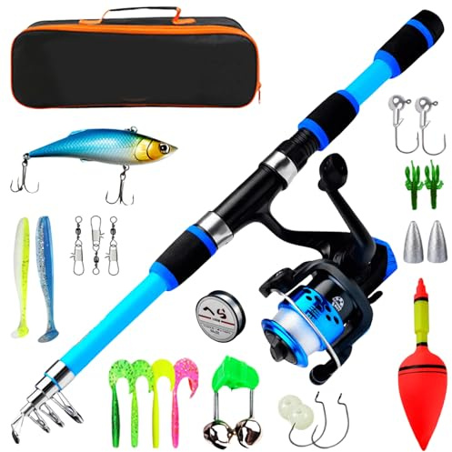 Set da pesca per bambini, 1,8 m, set di canne da pesca per bambini, set di base telescopica con mulinello da pesca ed esca, accessori da pesca per bambini dai 3 ai 10 anni (blu)