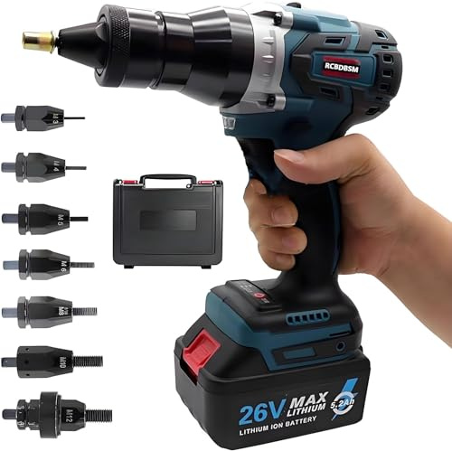 Remachadora automática inalámbrica, remachadora eléctrica para tuercas y tornillos con cabezal M3 M4 M5 M6 M8 M10 M12, herramienta portátil para remachar tuercas ciegas(1x5200mah)