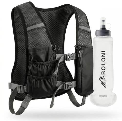 BOLONI Laufweste mit Trinkflasche 500ml – Ultraleichte Trinkweste Damen Herren, Laufweste mit Handyhalter & 8 Taschen, Atmungsaktive Hydration Vest für Trail Running, Marathon, Jogging, Wandern