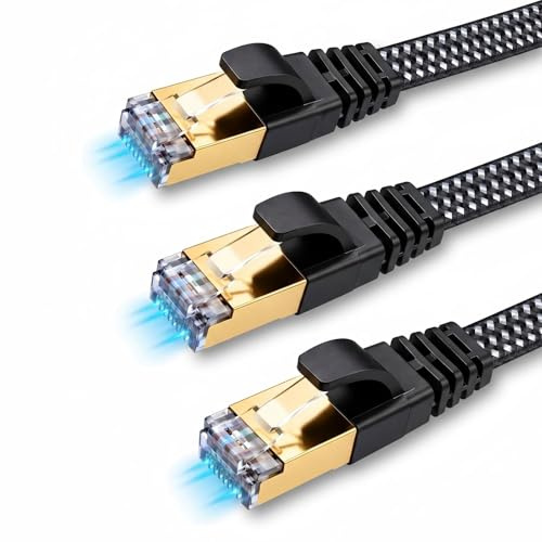 LLQINV Cat 8 Ethernet Cable 2m (3Pack), Flat Braided Lan Cable 40Gbps 2000MHz High Speed, RJ45 Shielded Cable for Gaming, PS5, Xbox, Router, Smart TV