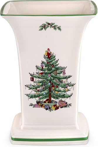 Spode Christmas Tree Square Vase, 8-Inch Festive Vase for Flowers & Holiday Decor - Fine Earthenware Centerpiece for Christmas Table, Mantle, Seasonal Floral Arrangements, Dishwasher Safe