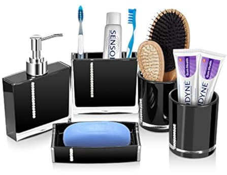 5-teiliges Badezimmer-Zubehör-Set,Badezimmer-Spender-Set enthält lsionsflasche,Zahnbürstenhalter,Schale,2 Stück Gurgelbecher (schwarz)