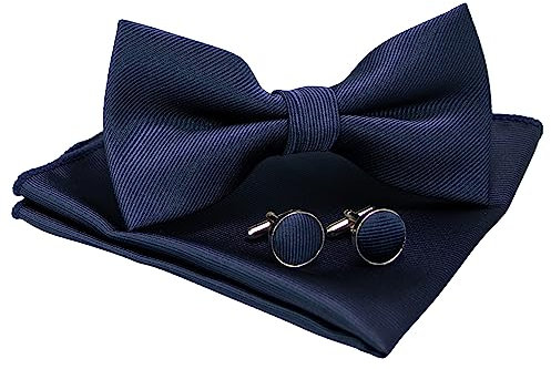 JEMYGINS Flache Textur Fliege Einfarbig und Einstecktuch mit Manschettenknöpfe Sets für Herren,Marineblau 2