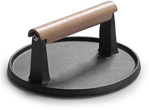 HAPPYGOU Rundes großes Grillwerkzeug Gusseisen Holzgriff Steakplatte Fleischpresse Grill Gebratener Fleischkalmar Gebratenes Steak Grill Druckplatte