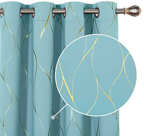 Deconovo Home Decoration Eyelet Thermal Insulated Curtains, Gold Wave Foil Printed Room Darkening Curtains for Livingroom 46 x 90 Inch (Width x Length), Sky Blue, One Pair