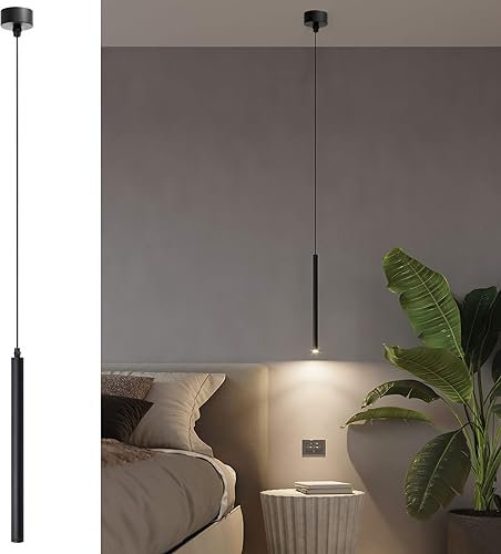 ACMHNC Lampada a Sospensione Moderna, Lampada a Sospensione Comodino Camera da Letto, Cavo Regolabile 190cm, 5W LED Lampadario Nero Per Cucina Soggiorno Tavoli Bar Hotel,30x3cm, Bianco Caldo