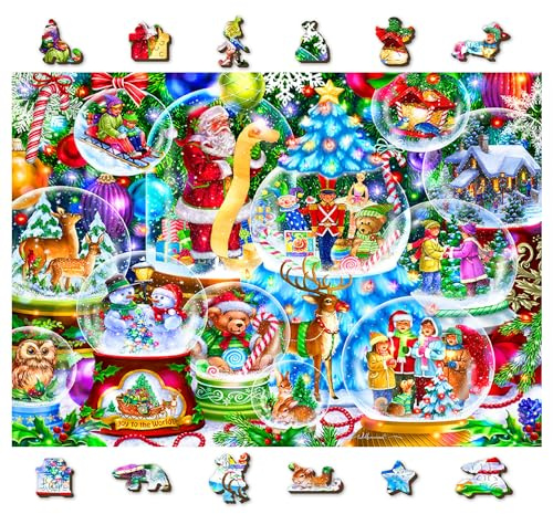 Wooden.City 500 +5 Piece Wooden Jigsaw Puzzle Christmas Snowballs - Winter Jigsaw Puzzles For Kids & Adults - Xmas Scene Wood Puzzles With Unique Christmas Pieces & Unusual Shapes - Large Puzzle