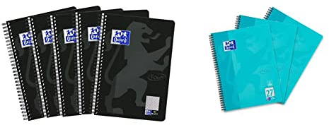 Oxford Touch Collegeblock B5, kariert, 80 Blatt, schwarz, 5er Pack & Collegeblock A4, Touch, liniert, 80 Blatt, gelocht, türkis, 3 Stück