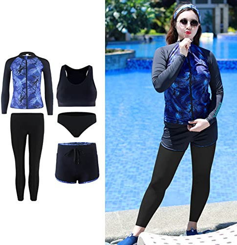 MYENA Wetsuit Womens Plus Size 4XL-5XL Ladies Swimsuit Plus Size Zip Surf Suit Ideal 5 Piece Set Of Add Fertilizer Long Sleeve For Surf Snorkeling Kayak,Blue,3XL