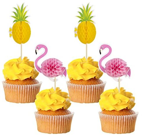 Gyufise 24 Stück Luau 3D Flamingo Cupcakes Topper Ananas Cupcake Toppers Lebensmittel Picks Party Cocktail Tropische Hawaii Kuchen Dekorationen für Sommer Strand Geburtstag Party Gastgeschenke
