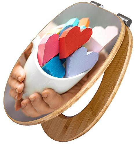 banjado Design WC Sitz Bambus Absenkautomatik 45,8x37,5cm / Toilettendeckel mit Absenkautomatik Holz/hochwertiger Bambus Klodeckel/WC-Sitz für gängigen Toiletten/Motiv Tasse voller Herzen