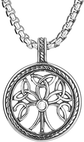OIDEA Collier pour homme en acier inoxydable pendentif arbre de vie avec nœud celtique rond vintage avec chaîne d'oreille de 22 pouces en argent, acier inoxydable