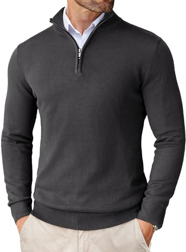 COOFANDY Jersey Cuello Alto Hombre 1/4 Cremallera Punto Sweater Manga Larga Zip Sueter Invierno Pullover Fino Pulli Gris carbón XL