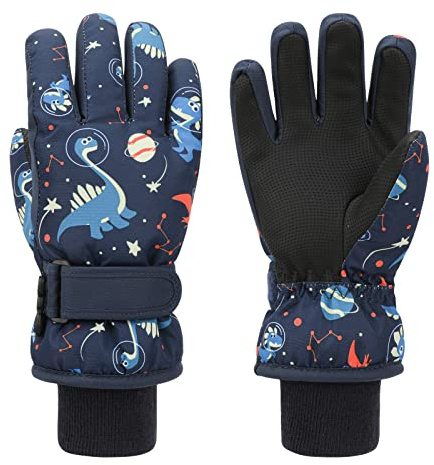 QKURT Gants de Ski pour Enfants, Gants de Neige Imperméables à l'hiver, moufles Doublés de Laine Chaude, moufles pour Enfants Dinosaures pour Les Garçons et Les Filles de 2 à 3 Ans