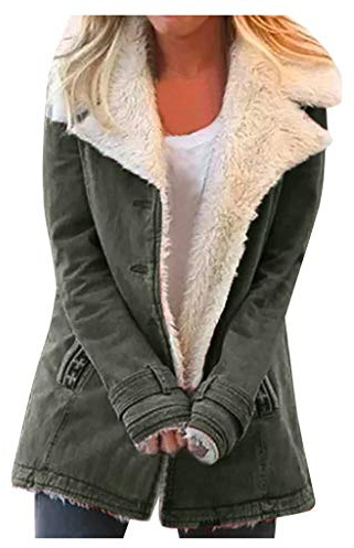L9WEI Chaqueta Vintage de Mujer de Cuero Sintético con Solapa de Ante de Color Sólido Engrosada de Otoño Invierno Parker, Verde militar., XXL