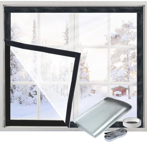 Window Insulation Kit for Winter Adjustable Plastic Insulated Window Cover Sealer Reusable Thermal Thicken Clear Insulation Wrap Transparent Film with Hook and Loop Tape for Winterizing 39'' x 48''